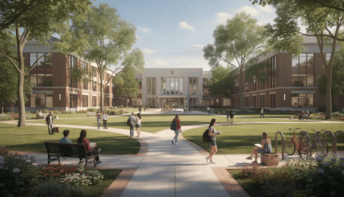 The image depicts a university campus featuring various academic buildings surrounded by walking paths. Students and faculty can be seen navigating the area, emphasizing the educational environment where issues related to Title IX and Title VII protections may arise, particularly concerning discrimination and civil rights within federally funded educational institutions.
