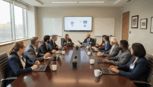 The image depicts a professional meeting in a university conference room, featuring a diverse group of faculty and staff engaged in discussion. The setting emphasizes collaboration on topics related to Title IX and Title VII, highlighting the importance of civil rights and equal opportunity in educational institutions.