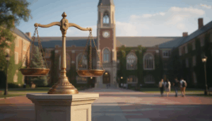 The image features a pair of legal scales symbolizing justice, set against the backdrop of university buildings, representing the intersection of education and civil rights laws such as Title IX and Title VII. This visual emphasizes the importance of addressing employment discrimination and ensuring equal opportunities in federally funded educational institutions.